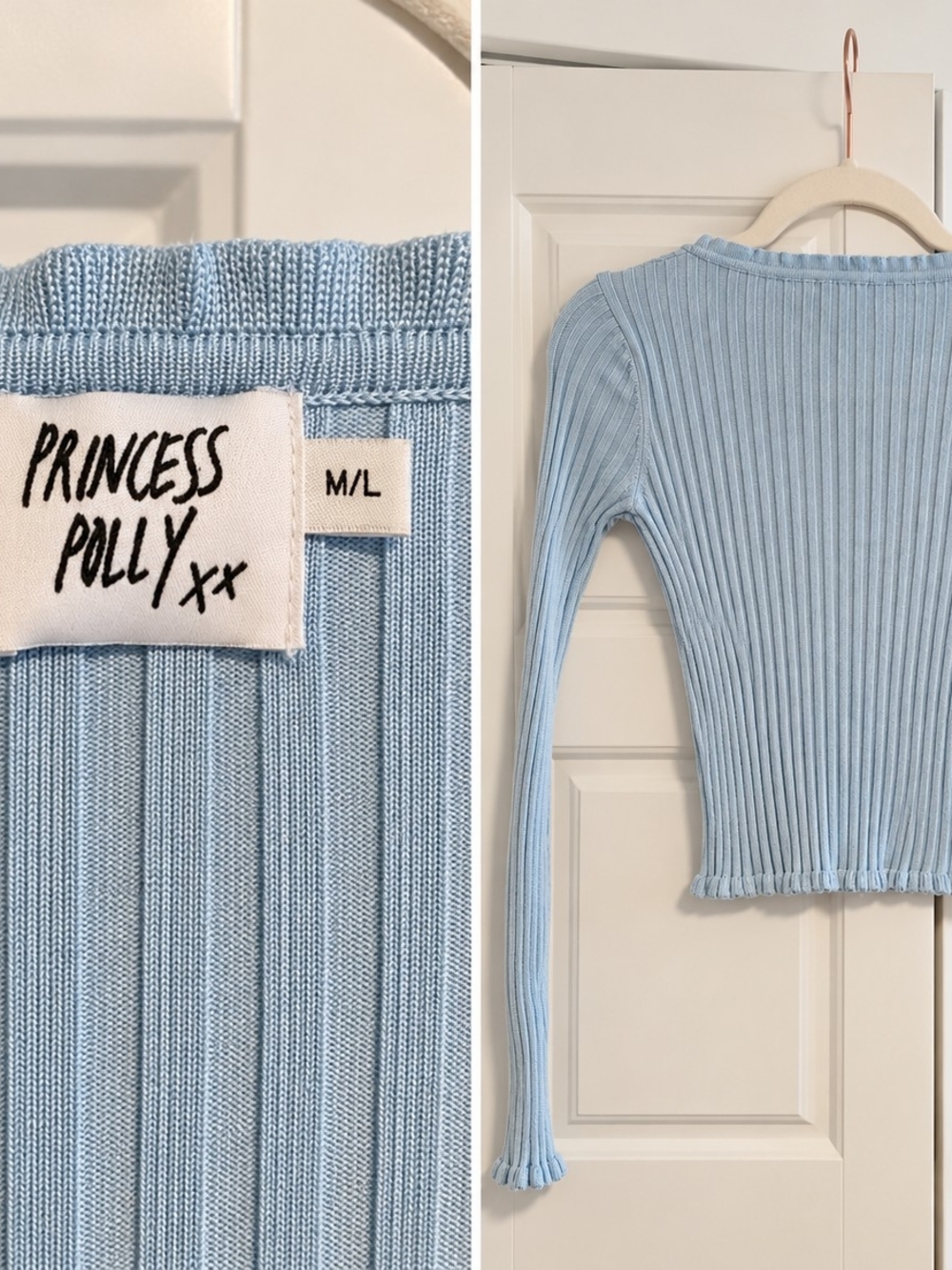 Princess Polly Baby Blue Ribbed Ruffle-Trim Button-Up Top - Picture 2 of 2